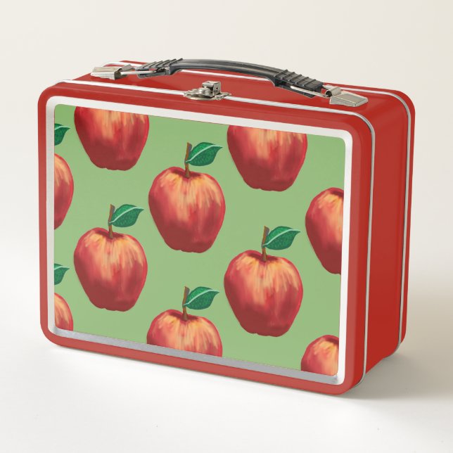 Ripe red apples pattern on green background metal lunch box (Front)