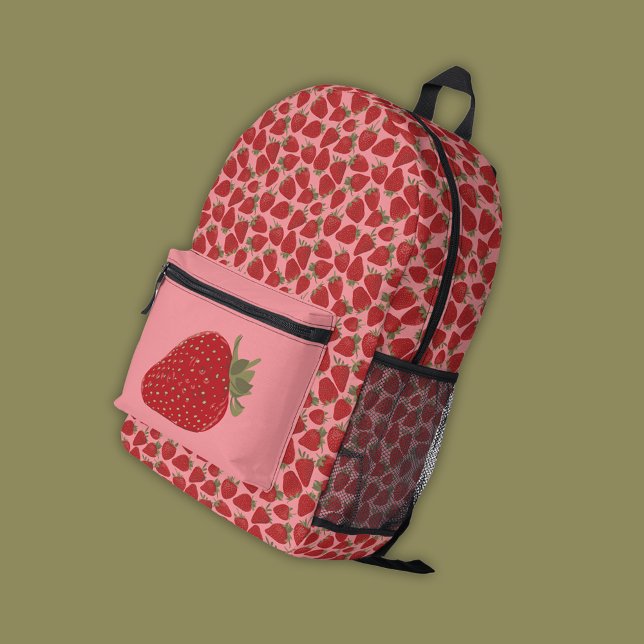 Ripe Red Strawberries on Pink Patterned Printed Backpack (Creator Uploaded)