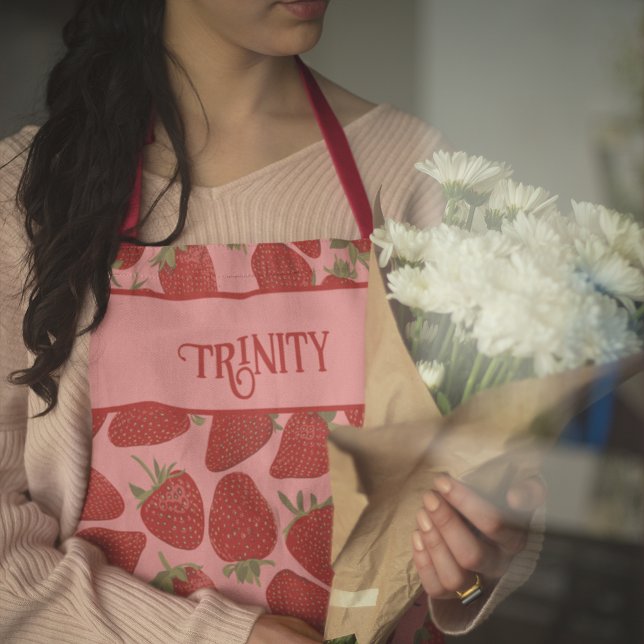 Ripe Red Strawberries on Pink Personalised Apron (Creator Uploaded)