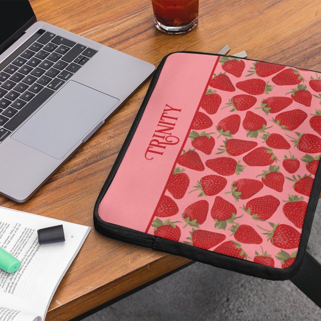 Ripe Red Strawberries on Pink Personalised Laptop Sleeve (Creator Uploaded)