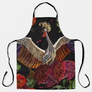Ripened pomegranate fruits, crane birds and wild r apron