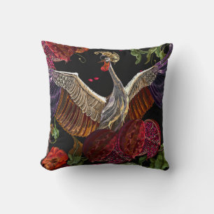 Ripened pomegranate fruits, crane birds and wild r cushion