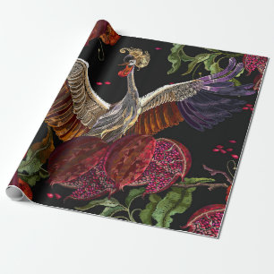 Ripened pomegranate fruits, crane birds and wild r wrapping paper
