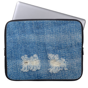 Ripped Denim Jeans Close-Up Texture. Laptop Sleeve