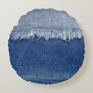 Ripped Denim Jeans Fabric Background Round Cushion