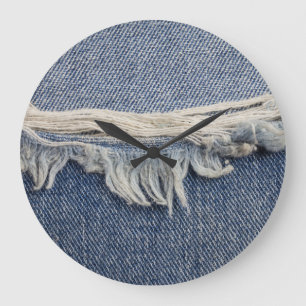 Ripped jeans texture, stylish background. large clock