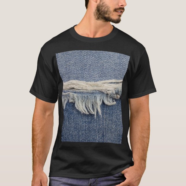 Ripped jeans texture, stylish background. T-Shirt (Front)