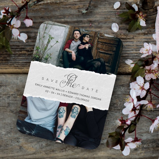 Ripped Paper Effect Wedding Custom Photo Script Magnet (Creator Uploaded)