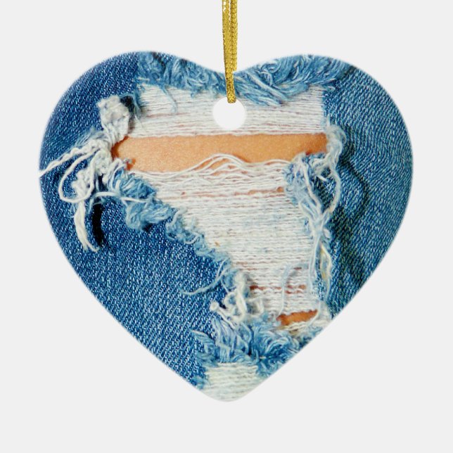 Ripped Torn Denim Blue Jeans Ceramic Ornament (Front)