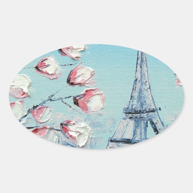ris Spring Painting, Eiffel Tower Cherry Blossoms Oval Sticker (Front)