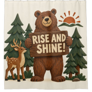 Rise and Shine Bear Lodge Cabin Shower Curtain