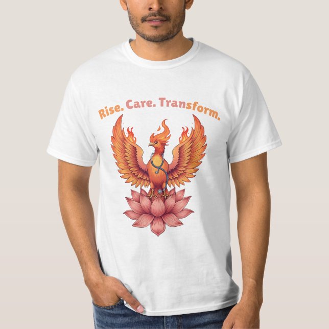 Rise, Care & Transform – Doctor Phoenix on Lotus | T-Shirt (Front)