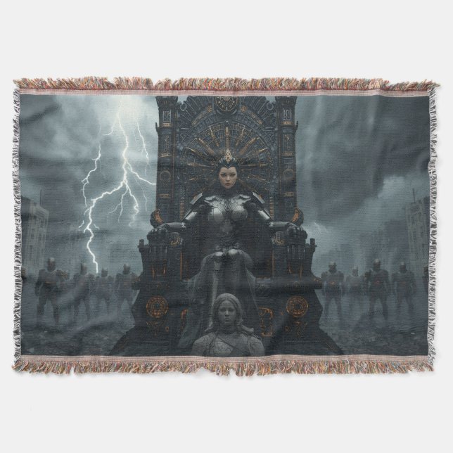 Rise of the AI Empress: Cyberpunk Sci Fi Art Theme Throw Blanket (Front)