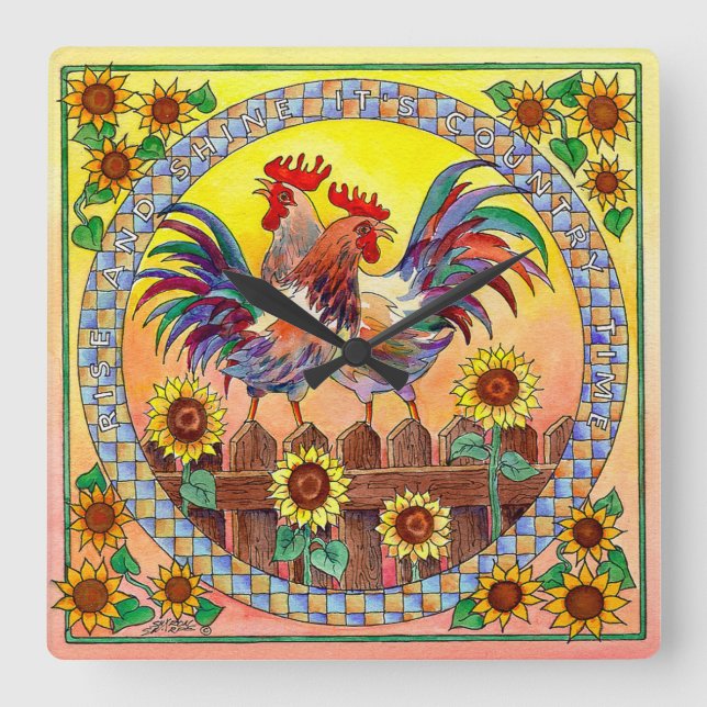 RISE & SHINE ROOSTER by SHARON SHARPE Square Wall Clock (Front)