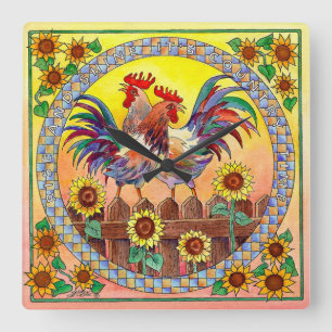 RISE & SHINE ROOSTER by SHARON SHARPE Square Wall Clock