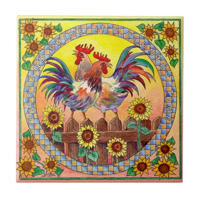 RISE & SHINE ROOSTERS by SHARON SHARPE Ceramic Tile (Front)
