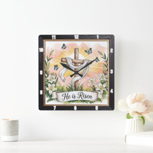 Risen Cross Lilies Easter Square Wall Clock