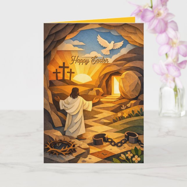 Risen Jesus Empty Tomb 3D Papercut Easter Card (Orchid)