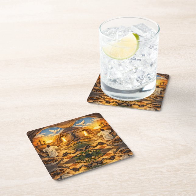 Risen Jesus Empty Tomb 3D Papercut Easter Square Paper Coaster (Insitu)