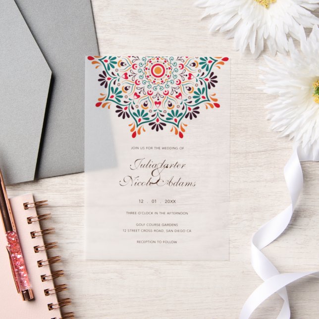 Rising Boho Indian Fusion Floral Mandala Wedding Vellum Invitations (Wedding)