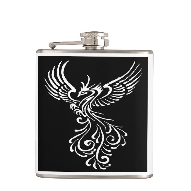 Rising From The Ashes Phoenix White Illustration Hip Flask (Front)