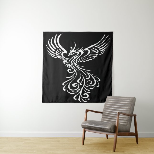 Rising From The Ashes Phoenix White Illustration Tapestry (In Situ)