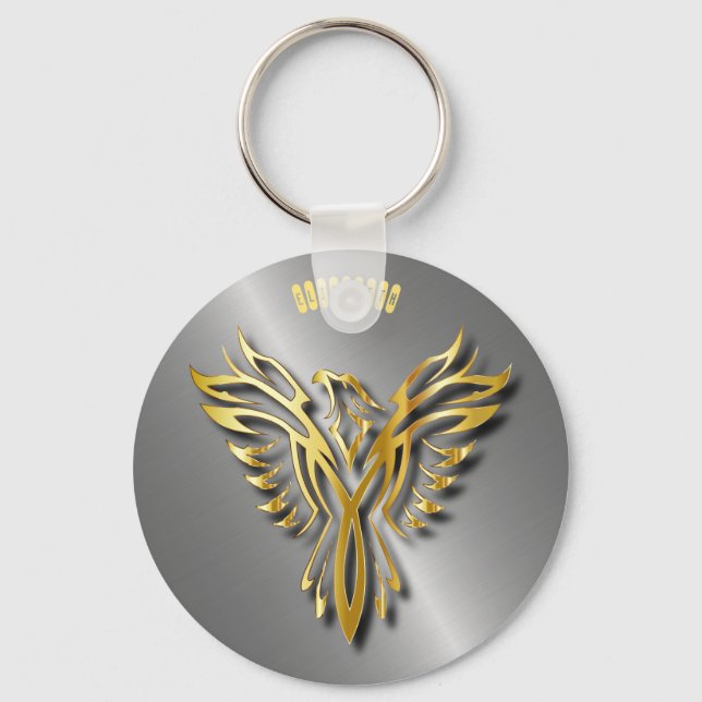 Rising Golden Phoenix Gold Flames With Shadows Key Ring (Front)
