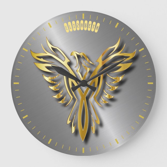 Rising Golden Phoenix Gold Flames With Shadows Large Clock (Front)