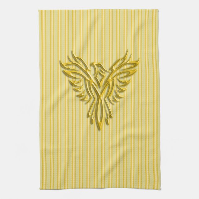 Rising golden phoenix with golden bands tea towel (Vertical)