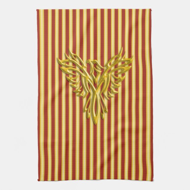 Rising golden phoenix with golden scarlet bands tea towel (Vertical)