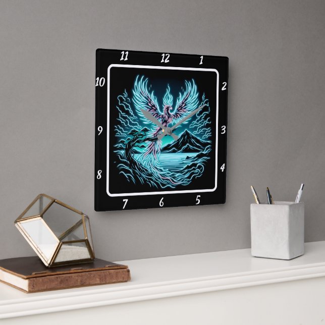 Rising Phoenix Over Twilight Peaks Square Wall Clock (Office)