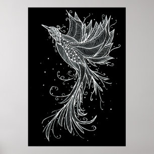 Rising Phoenix white on black Lineart Poster