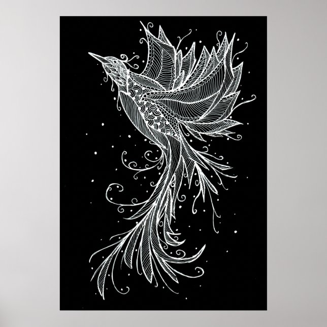 Rising Phoenix white on black Lineart Poster (Front)
