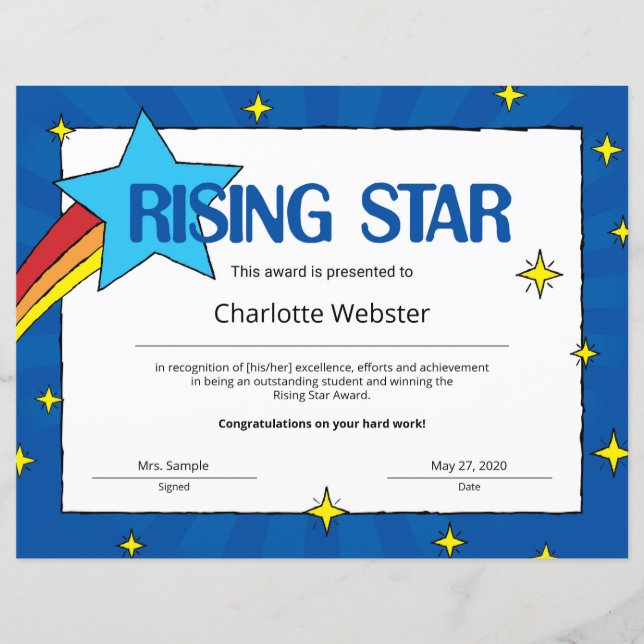 Rising Star Student Recognition Certificates (Front)