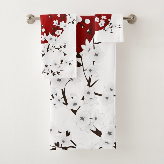 Rising Sun Cherry Blossoms Red Black White Bath Towel Set (Insitu)