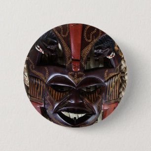Ritual African Tribal Wooden Carved Mask Brown Red 6 Cm Round Badge