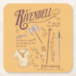 RIVENDELL™ Watercolor Collage Graphic Square Paper Coaster<br><div class="desc">Journey across Middle-Earth™ with this beautifully illustrated Lord of the Rings™ design featuring Rivendell™. Featuring an artful collection of iconic elements — including an Elven blade, bow, axe, staff, and the One Ring — this collage captures the strength, unity, and quiet wisdom found within the Fellowship. Meaningful phrases like “You...</div>
