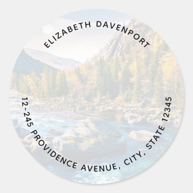 River and Mountains Scenic Photo Address Classic Round Sticker (Front)