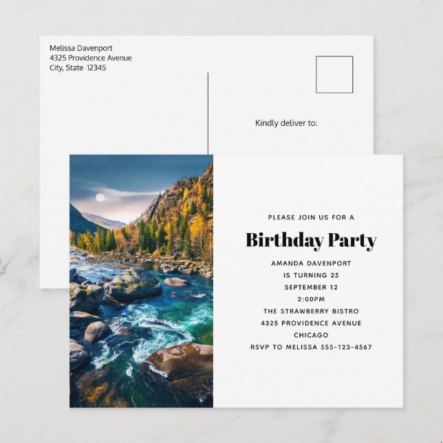 River and Mountains Scenic Photo Birthday Invitation Postcard (Front/Back)