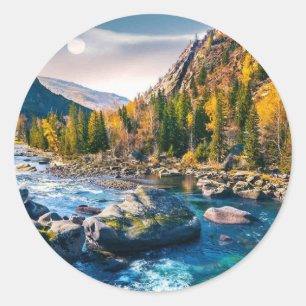 River and Mountains Scenic Photo Classic Round Sticker