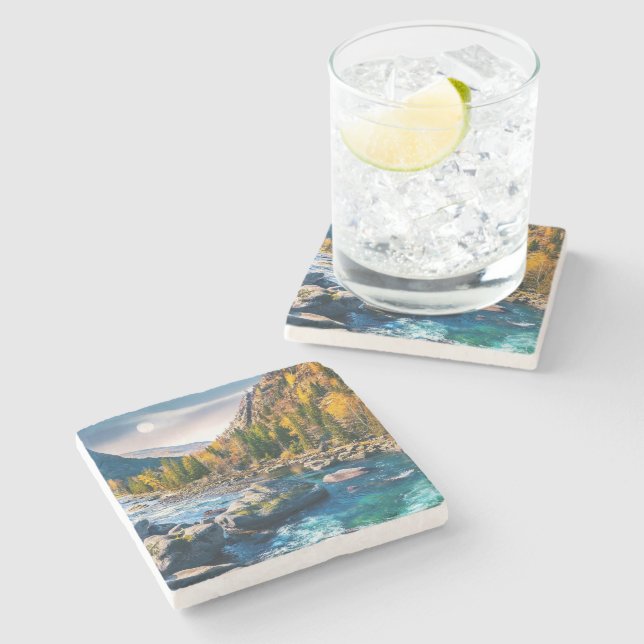 River and Mountains Scenic Photo Stone Coaster (Side)