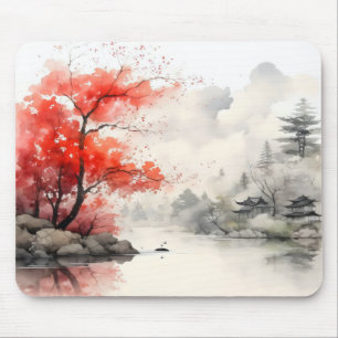 River Bank Tree Asian Ink Painting Mouse Pad