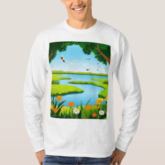 River, Birds & Nature: Peaceful Watercolor T-Shirt
