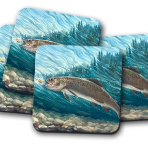 River Duo Coaster Set Rustic Trout Coaster Set