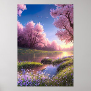 River Embraced by Purple Blossoms Poster