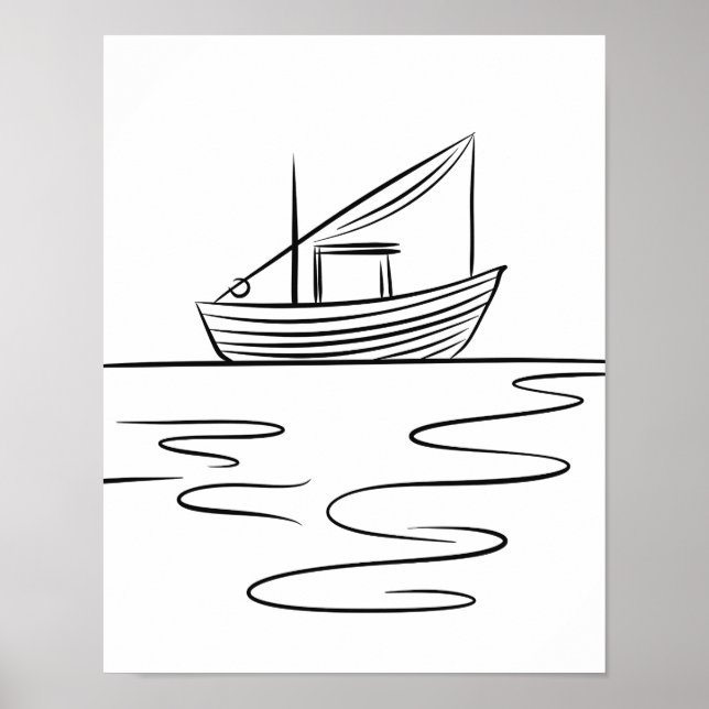 River Fishing Boat Line Art  Poster (Front)