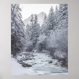 River flowin through snowy winter forest Mojstrana Poster