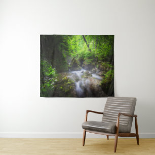 River flowing through enchanted green forest tapestry