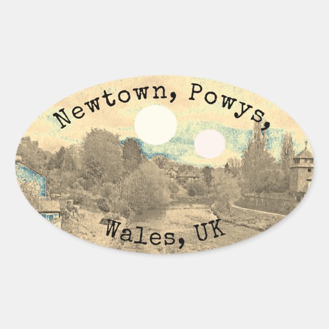 River in Newtown, Powys, Wales with Both Suns Oval Sticker (Front)