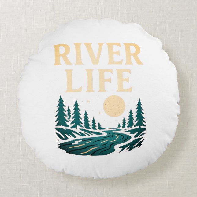 River Is Life Round Pillow – Nature Inspired Home  (Front)